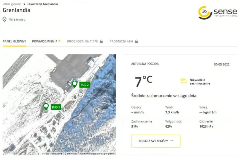 Sense Smart Roofs Platform dashboard: interactive building map with live weather data
